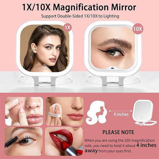 DESCHEN Rechargeable Travel Makeup Vanity Mirror with Lights and Magnification, Portable 1X/10X Magnifying Mirror with 3 Color Light, Lighted Makeup Mirror with Magnification, Folding LED Desk Mirror - ModernBath
