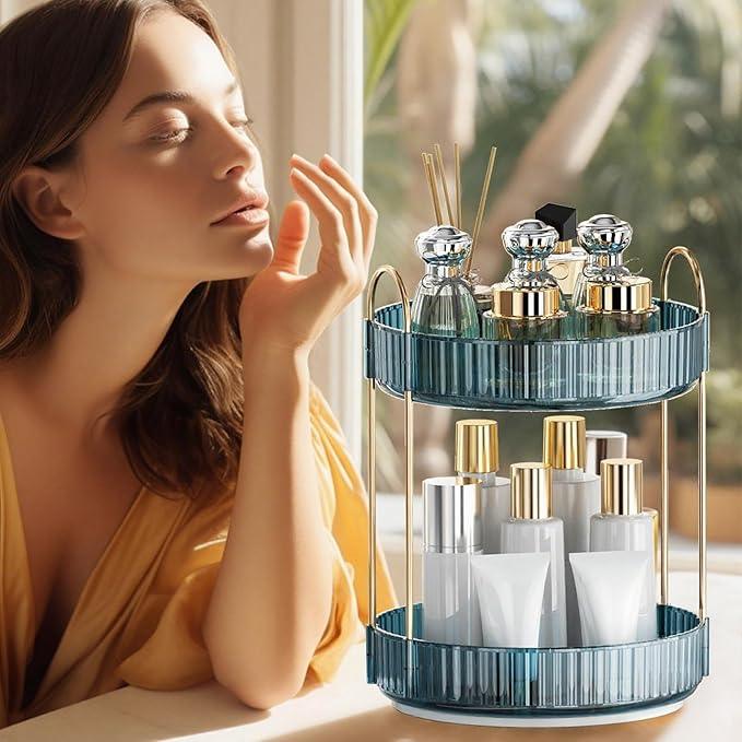 INVSSENE 360° Rotating Makeup Organizer, Bathroom Organizers and Storage Holder Rack, Large Capacity Vanity Shelf Countertop, Fits Cosmetics, Perfume, Skin Care(Blue, 2 Tiers) - ModernBath