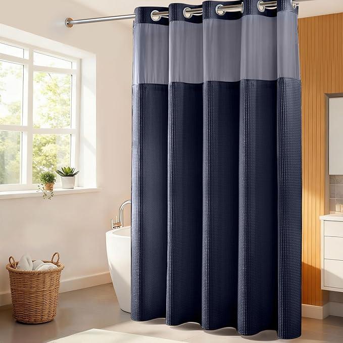 River Dream Navy Blue Fabric Shower Curtain Set, Cotton Blend, Waffle Weave, with Snap in Replacement Liner，71 x 86 inches - ModernBath