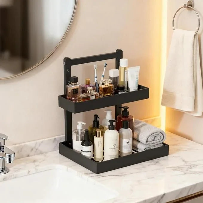 Bamboo Undersink Organizer Storage - 2-Tier Cabinet Shelf with Adjustable Levels, Under Sink Storage Slide Out for Cabinet Pantry Kitchen Bathroom (Black) - ModernBath