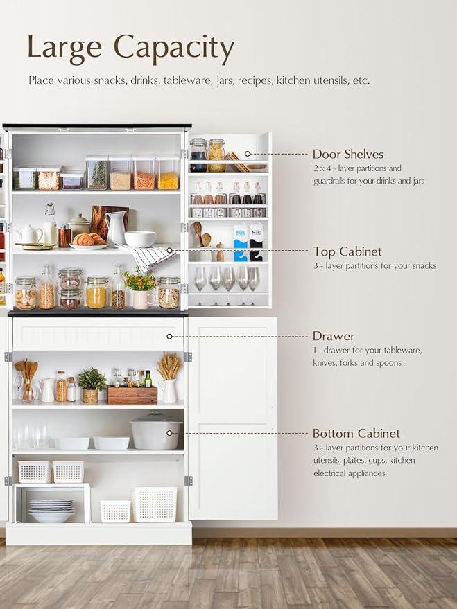 72" Tall Storage Cabinet, White Farmhouse Pantry Cabinet, 31.5" Wide Freestanding Storage Cabinet with 4 Adjustable Shelves, Hidden Drawer & Rustic Wood Finish for Kitchen, Dining Room, or Entryway - ModernBath