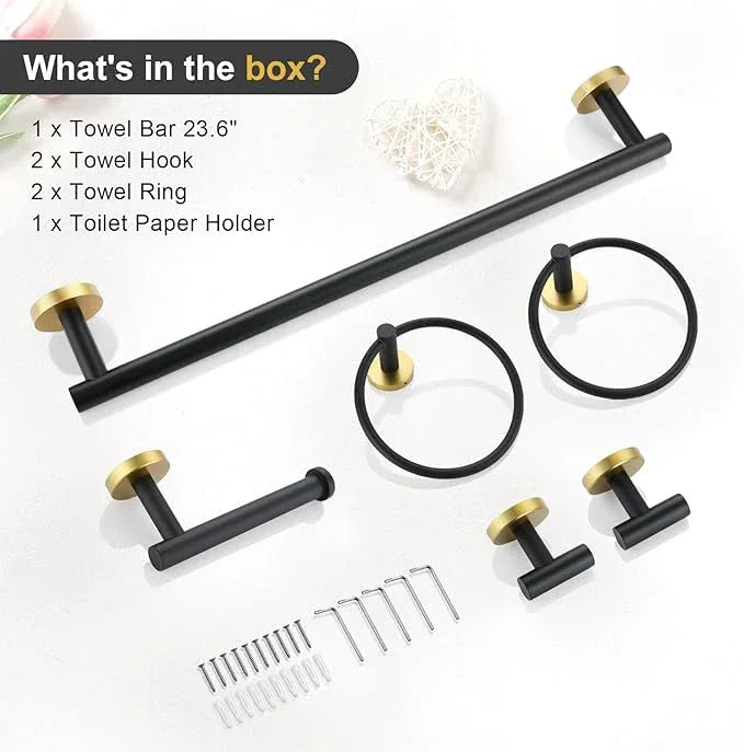 TQKAG Black and Gold Bathroom Hardware Set 6-Piece Bathroom Accessory Set 23.6 Inch Round Stainless Steel Towel Bar Set Wall Mounted - ModernBath
