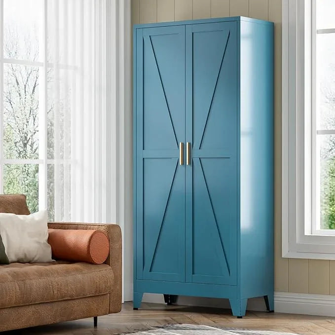 COFaR Home Farmhouse Storage Cabinet with 2 Barn Door, Tall Kitchen Pantry Cupboard with 3 Adjustable Shelves, for Dining Room, Bathroom, Living Room (Blue Green, 61" Farmhouse) - ModernBath