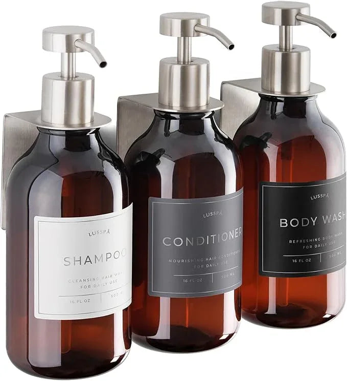 Shampoo & Conditioner Dispenser - Shower Soap Dispenser Wall Mounted - Set of 3 16.9 Oz Plastic Bottles with Pump & Holder - Shampoo Dispenser - Shower Dispenser Chamber No Drill (3 X Amber/Silver) - ModernBath