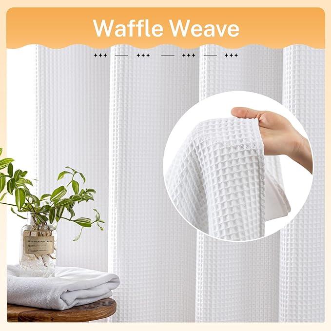 River Dream White Fabric Shower Curtain Set, Cotton Blend, Waffle Weave, with Snap in Replacement Liner，54 x 80 inches - ModernBath
