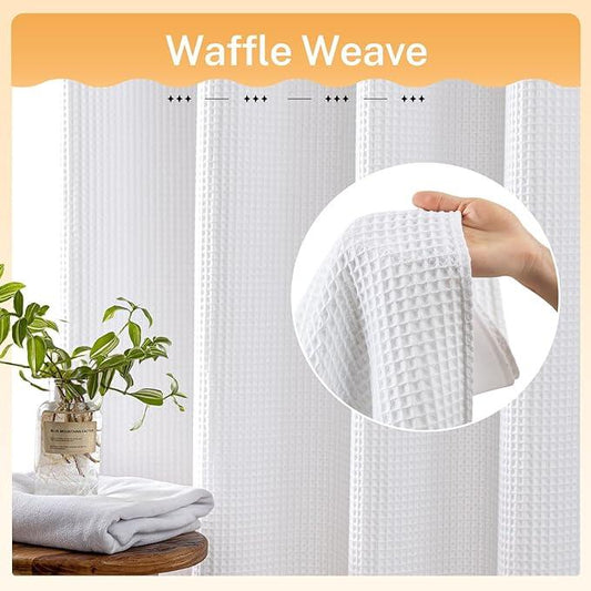 River Dream White Fabric Shower Curtain Set, Cotton Blend, Waffle Weave, with Snap in Replacement Liner，54 x 80 inches - ModernBath