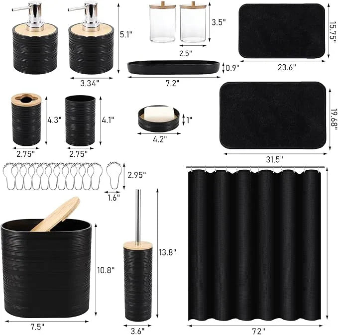 XLHOMO Bathroom Set - Black Bathroom Accessories Set, Bathroom Sets with Shower Curtain and Rugs, 25PC Shower Curtain Set with Hooks, Soap Dispenser, Soap Dish, Toilet Brush Holder and Trash Can - ModernBath