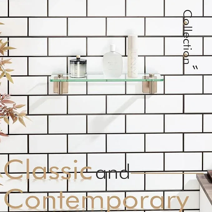 KOKOSIRI Wall Shelves Bathroom Hardware Glass Floating Shelf Small Hanging Rack Storage/Room Decor 16-Inch Champagne Bronze 2 Pack B1105CPG-L16-P2 - ModernBath
