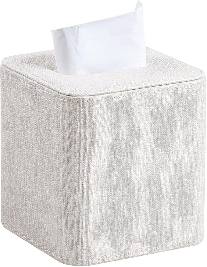 Cretkhp Square Linen Tissue Box Cover with Magnetic Closure, Modern PU Leather Tissue Box Holder for Bathroom Vanity NightStands Bedroom Office Desk, Stylish Cube Tissue Holder - ModernBath