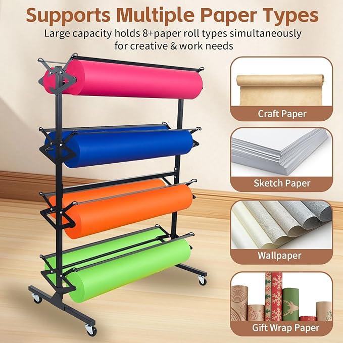 Large Paper Roll Dispenser Holder, Butcher Paper Roll Dispenser Rack and Cutter Holds Up to 8 Roll 36'' W Roll, Great for Butcher, Craft, Gift Wrap & Art Kraft Rolls - ModernBath