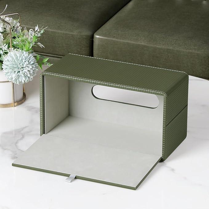 Cretkhp PU Leather Tissue Box Cover Rectangle with Magnetic Closure, Modern Tissue Box Holder for Bathroom NightStands Livingroom, Decorative Tissue Holder for 120(3-Ply)/160(2-Ply) Tissue Box (Green) - ModernBath