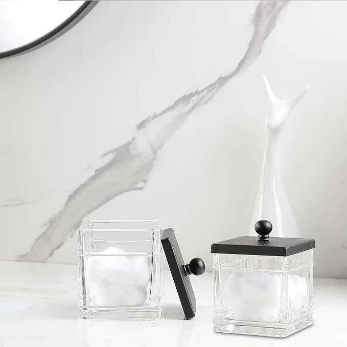 Indecor Home Glass Cotton Jar Holder 2 Pack– Matte Black Lid, Elegant Bathroom Storage Canister for Qtips, Cotton Balls, Floss, Makeup Organizer, Vanity & Bathroom Organization - ModernBath