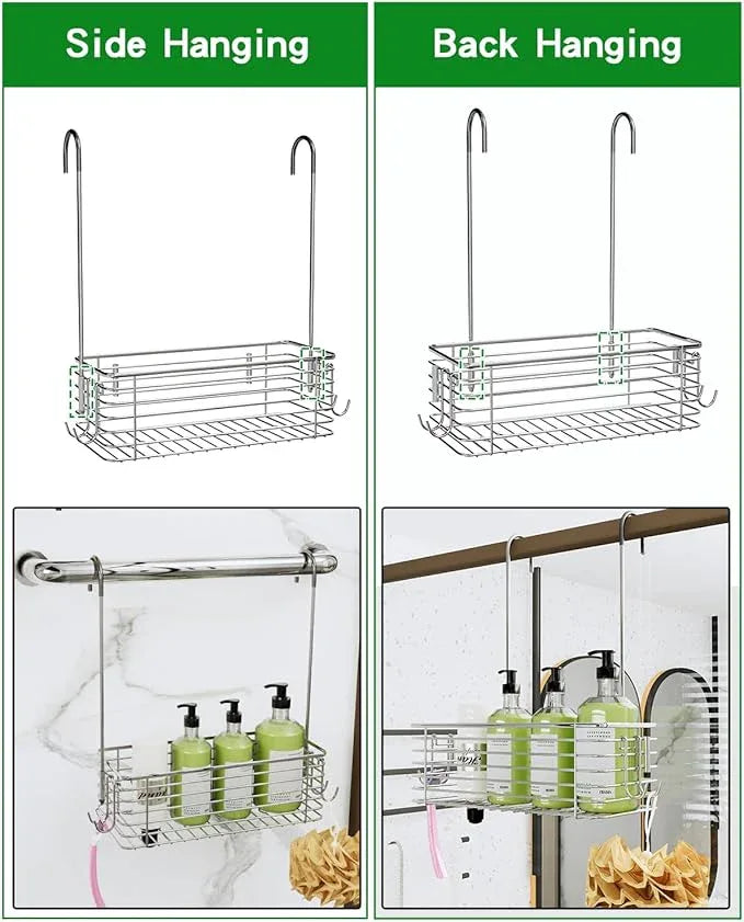 QIHS Over Door Shower Caddy, Stainless Steel Bathroom Organizer with Rotating Hooks, Hanging Storage Basket for Shampoo - ModernBath