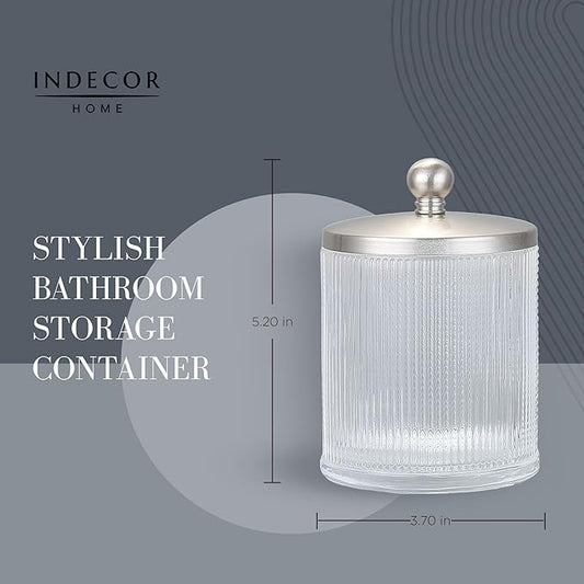Indecor Home Clear Transparent Apothecary Ribbed Geometric Etched Glass Jar W/Satin Nickel Metal Lid for Bathroom Organization, Cotton Balls, Q Tips, and Small Accessories, Bathroom Storage