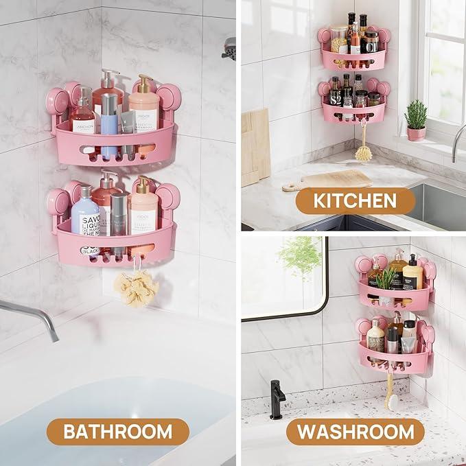 LEVERLOC Corner Shower Caddy Suction Cup, Powerful Suction Bathroom Shower Shelf, Waterproof and Rustproof Organizer for Bathroom Storage and Kitchen, No-Drilling Removable, Pink - ModernBath