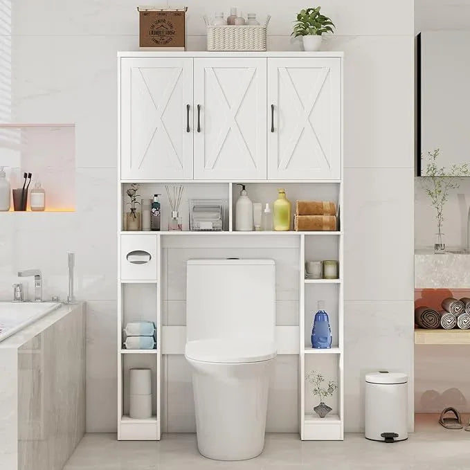 Over The Toilet Storage Cabinet, Farmhouse Toilet Cabinet Rack with 3 Barn Doors, Space Saving Bathroom Organizer with Shelves, Toilet Paper Holder and Towel Rack for Bathroom,Restroom,Laundry, White - ModernBath