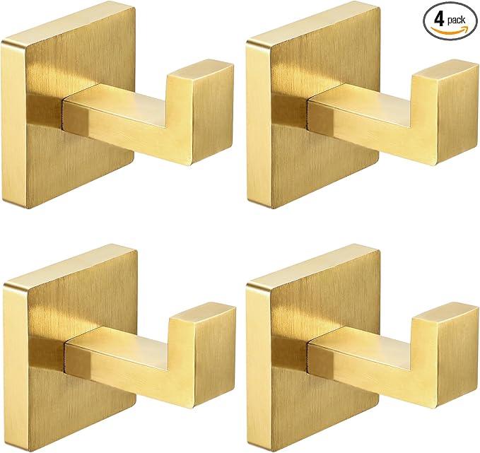 IBosins 4 Pack Towel Hooks Hand Towel Holder for Bathroom Wall Livingroom Bedroom Kitchen Closet Heavy Duty Stainless Steel Hook Hanger for Robe, Bath Towel, Coat (Square Brushed Gold) - ModernBath