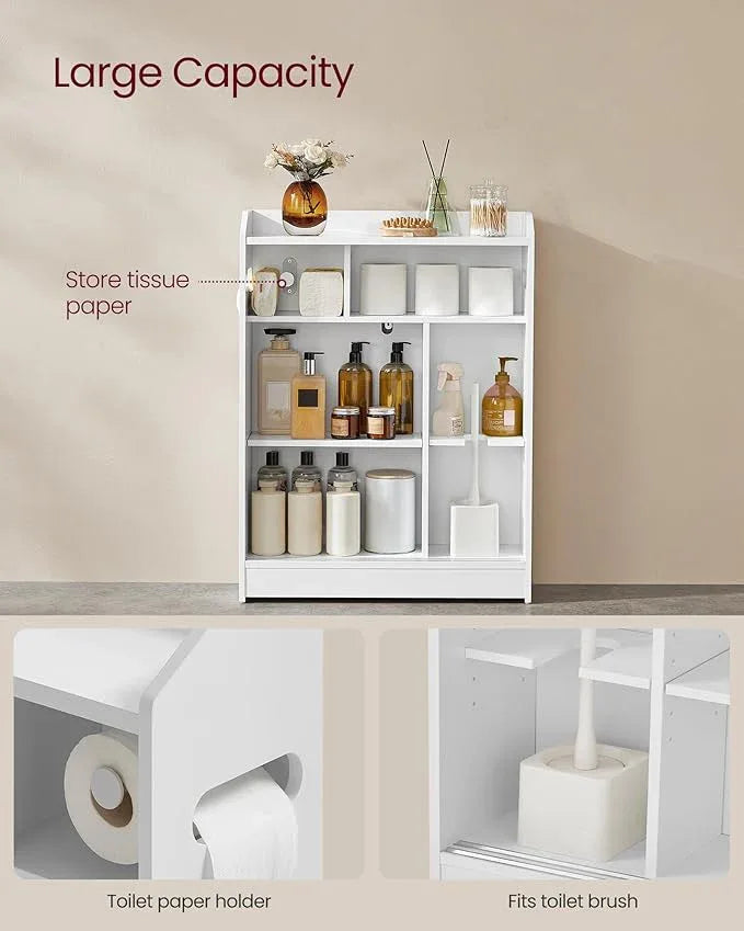 VASAGLE Narrow Storage Cabinet, Slim Floor Cabinet with Sliding Doors, Toilet Paper Holder and Brush Compartment, for Bathroom and Living Room, 7.9 x 23.6 x 31.5 Inches, Cloud White UBBC752W01 - ModernBath