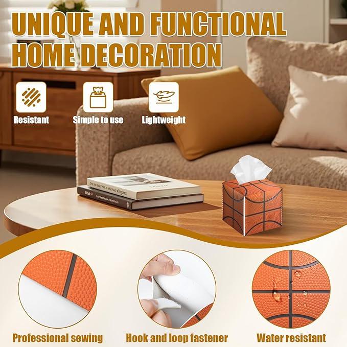 Basketball Tissue Box Cover 2PCS, Sport Ball Leather Tissue Box Holder Square Facial Paper Case Tissue Box Cube Organizer for Bathroom Bedroom Desk Office - ModernBath