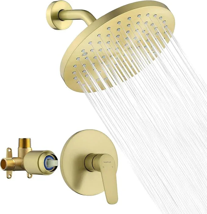 Lavatrum Brush Gold Shower Head and Handle Set Single Spray Premium Wall Mount 8 Inch Rainfall Round Shower Faucet with Rough-in Valve and Trim Kit for Bathroom（1.8GPM) - ModernBath