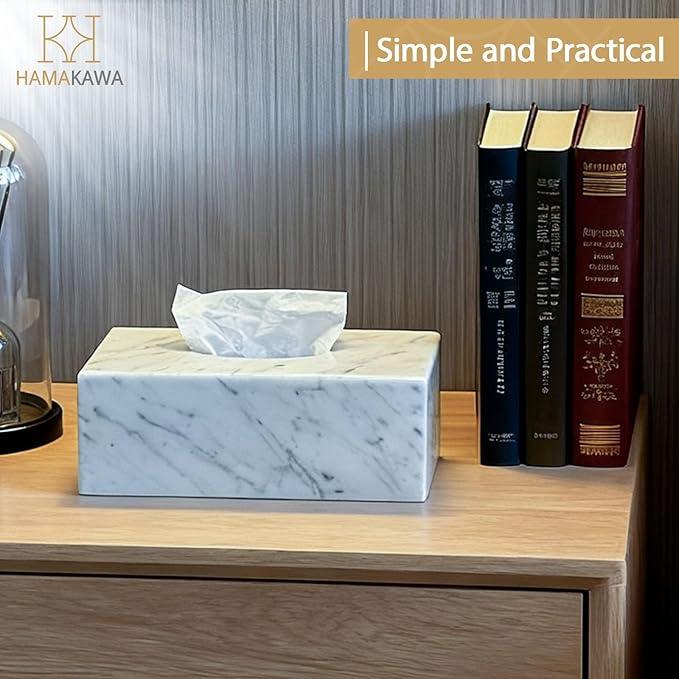 HAMAKAWA Natural Marble Tissue Box Cover, Carrara White Tissue Organizer 10 x 5.7 x 3.5 inch, Heavy Stone Decorative Box, Rectangle Tissue Box Holder for Home Decor, Kitchen, Bathroom, Bedroom - ModernBath