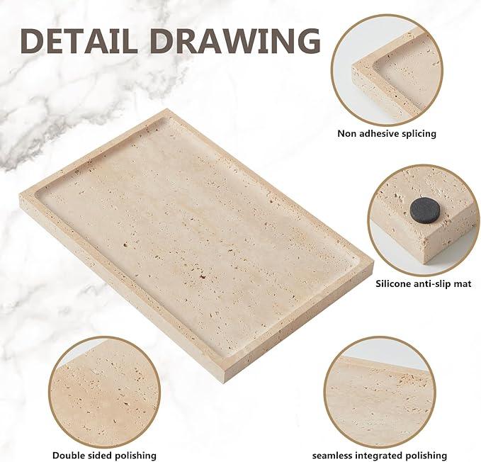 Real Luxurious Natural Travertine Tray - 12x8 Inch Marble Vanity Tray for Perfume Display, Jewelry Organizer, Bathroom & Home Decor -Heavy Duty Non-Slip Stone Tray (Non-Resin/Non-Ceramic) - ModernBath