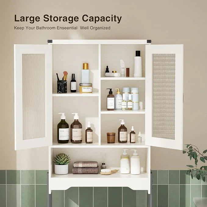 Over The Toilet Storage Cabinet with Tempered Glass Doors & Adjustable Shelf, Bathroom Organizers and Storage with Metal Stand Space Saver Over Toilet Organizer, Tall Freestanding Rack, White - ModernBath