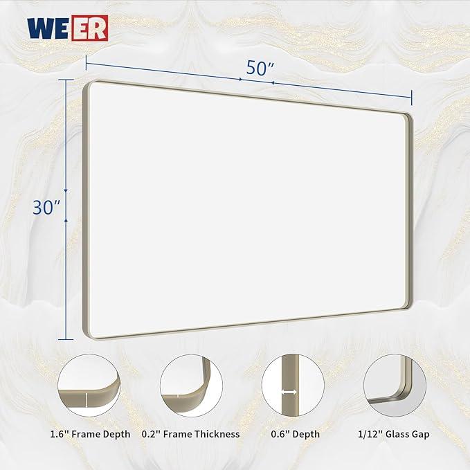 WEER 50X30 Inch Brushed Nickel Bathroom Mirror, Brushed Silver Metal Frame Mirror, Rounded Rectangle Silver Bathroom Vanity Mirror, Tempered Glass, Anti-Rust, Hangs Horizontally or Vertically - ModernBath