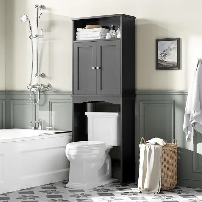 Over The Toilet Storage Cabinet, Over The Toilet Storage with Adjustable Shelf and Double Doors, Above Toilet Storage Cabinet for Bathroom Storage Over Toilet Bathroom Organizer (Black) - ModernBath