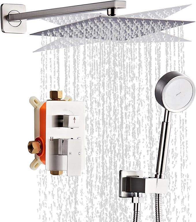 RTTWYYUU Brushed Nickel Rainfall Shower Head, Wall Mounted 12 Inch Shower Heads with Handheld Spray Combo, Luxury Bathroom Square Rain Shower System, Solid Brass Pressure Balancd Shower Faucet Valve - ModernBath