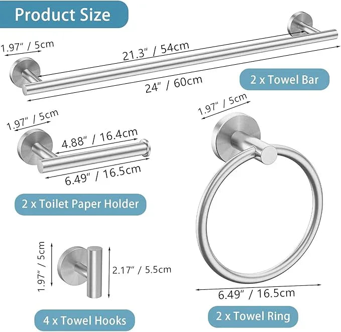 10-Pieces Bathroom Hardware Set, Includes 24 Inch Towel Racks for Bathroom Wall Mounted, Toilet Paper Holder, Towel Hooks for Bathrooms, Towel Rings for Bathroom Wall (Brushed Nickel) - ModernBath