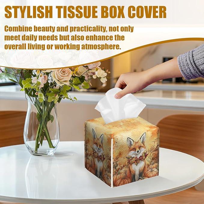 Autumn Fox Pumpkin Tissue Box Cover 2PCS, Leather Tissue Box Holder Square Facial Paper Case Tissue Box Cube Organizer for Bathroom Bedroom Desk Office - ModernBath
