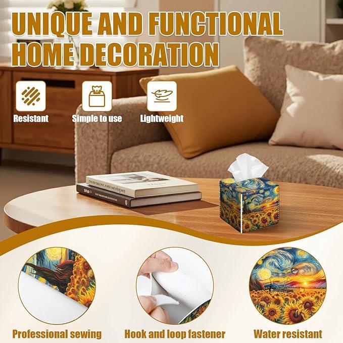 Starry Night Sunflower Tissue Box Cover 2PCS, Leather Tissue Box Holder Square Facial Paper Case Tissue Box Cube Organizer for Bathroom Bedroom Desk Office - ModernBath