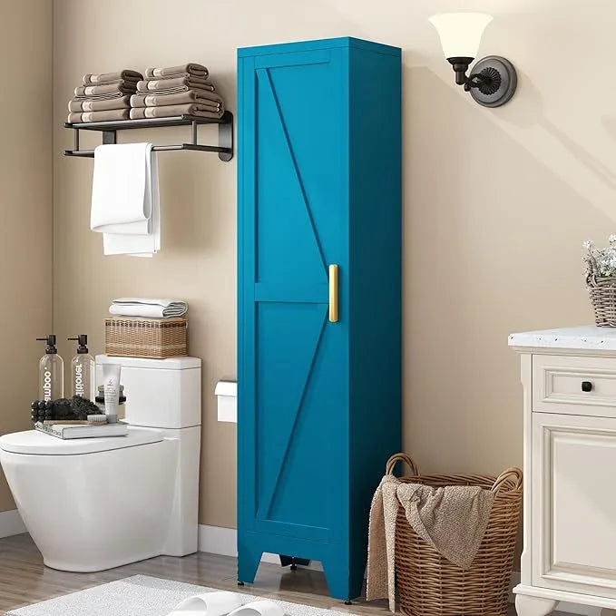 COFaR Tall Bathroom Cabinet, Metal Farmhouse Narrow Slim Storage Cabinet with Adjustable Shelves Barn Door for Bathrooms, Kitchens, Entrances Living Room (Blue) - ModernBath