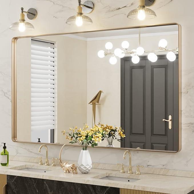 LOAAO 60”X36” Gold Bathroom Mirror, Rounded Rectangle Gold Frame Mirror, Brushed Gold Bathroom Vanity Mirror Wall-Mounted, Anti-Rust, Tempered Glass, Hangs Horizontally or Vertically - ModernBath