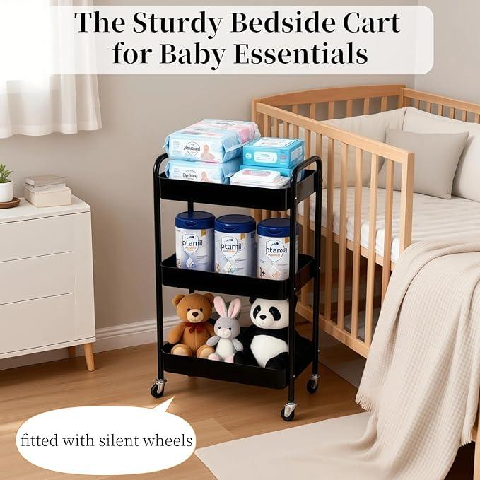 3 Tier Rolling Storage Cart for Kitchen Storage & Laundry Room Organization, Large Capacity Metal Utility Cart on Wheels and 4 Hooks for Art Lash Craft Bedside, Sturdy Nursery Organizer, Black - ModernBath
