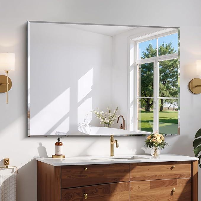 CILIBER Beveled Mirror, 36x48 Inch Large Frameless Bathroom Mirrors for Over Sink, Lightweight Design Beveled Frameless Vanity Mirror, Crystal-Clear 3mm Tempered Glass, Horizontally or Vertically - ModernBath