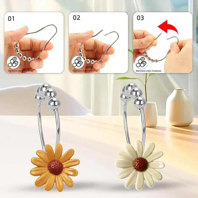 Elerslodia Daisy Flower Decorative Shower Curtain Hooks,Set of 12,Terracotta and White,Roller Ball, Stainless Steel, Floral Decor,Rustproof,Easy Install,Home Living & Bathroom Decor,Shower Rings - ModernBath