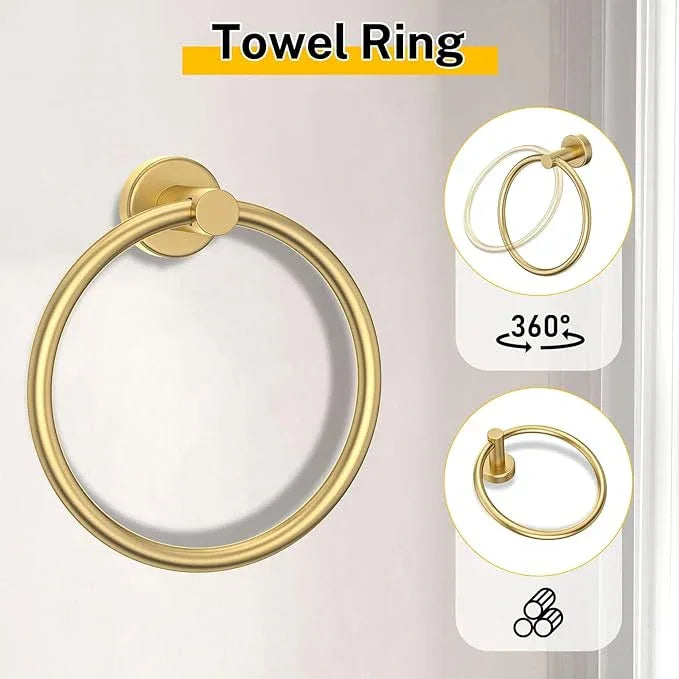 Brushed Gold Bathroom Hardware Set 5 Pieces Towel Bar Set Round Towel Holder Set for Bathroom,Upgraded Toilet Paper Holder with Shelf,Stainless Steel Wall Mounted 23.6 Inch - ModernBath