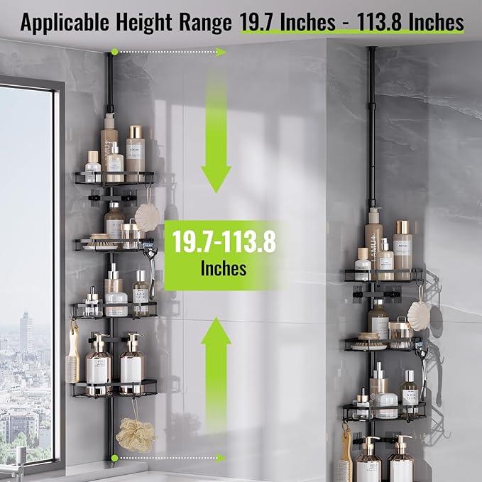LAMU Shower Caddy Tension Pole with Adjustable Height, 4 Tier Baskets & Hooks, Corner Shower Caddy Tension Pole for Bathroom or Bathtub Corner Storage, Black - ModernBath
