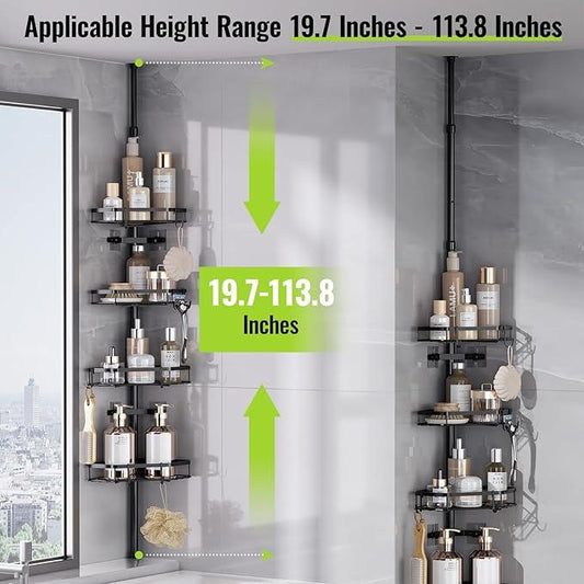 LAMU Shower Caddy Tension Pole with Adjustable Height, 4 Tier Baskets & Hooks, Corner Shower Caddy Tension Pole for Bathroom or Bathtub Corner Storage, Black - ModernBath