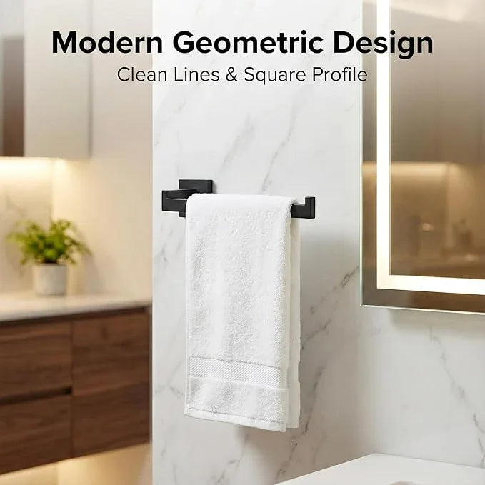 5 Piece Bathroom Hardware Set Matte Black, SUS304 Stainless Steel Towel Bar Set, Modern Square Accessories with 16 Inch Rack Toilet Paper Holder Robe Hooks (Matte Black) - ModernBath