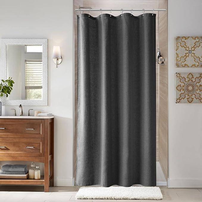 Naturoom Dark Grey 48 Inch Shower Curtain - Stall Narrow Half Linen Ultra Thick Fabric Shower Curtain Set with Hooks, Boho Farmhouse Rustic RV Camper Bath Curtains for Bathroom, 48x72 - ModernBath