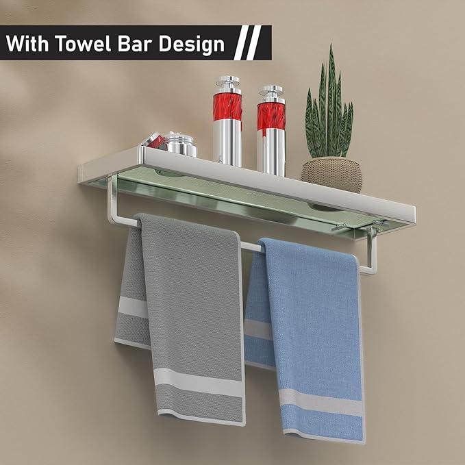 Glass Floating Shelves for Wall, Brushed Nickel 20 Inch Tempered Glass Rectangular 1 Tier Organizer Shelf for Bathroom - ModernBath