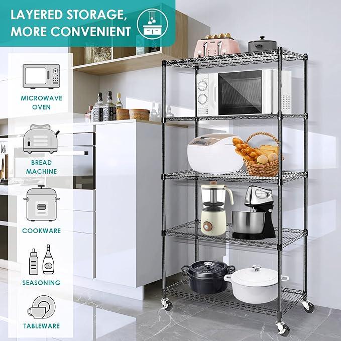 BNSPLY 5 Tier Wire Shelving Unit, Adjustable Metal Storage Rack, Mobile Wire Shelves for Kitchen, Laundry, Bathroom, Pantry, Closet Organization (17.7" D x 35.5" W x 71" H, Black) - ModernBath
