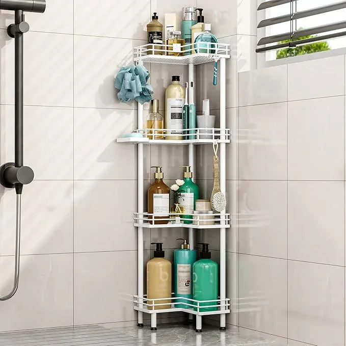 HapiRm Corner Shower Caddy Organizer - 4 Tier Shower Shelf Corner with Soap Holder, Rustproof Bathroom Standing Organizer with 4 Hooks, White - ModernBath