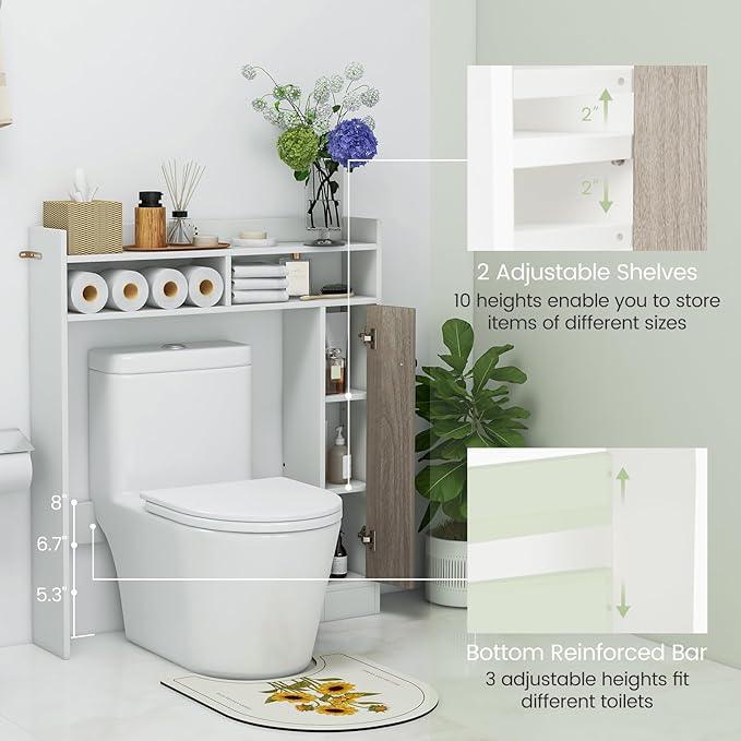 Giantex Over The Toilet Storage Cabinet, Freestanding Bathroom Organizer w/Single Door Cabinet & Open Shelves, Space-Saving Toilet Rack w/Adjustable Shelves for Laundry Room (White) - ModernBath