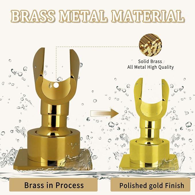 Shower Head Holder Handheld Shower Wand Holder Adjustable Shower Head Bracket Shower Wall Mount Holder, Polished Brass/Gold Finish, Drill Free Glue Installation - ModernBath