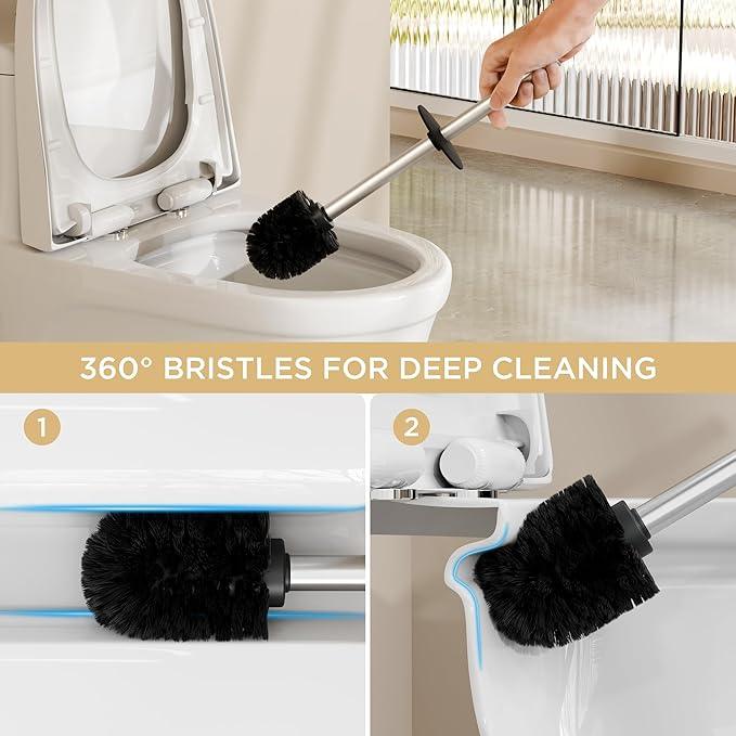 FORIOUS Toilet Brush and Holder Set, Heavy Duty 304 Stainless Steel Base Square and Long Handle for Bathroom Deep Cleaning, Drip-Proof, Space Saving for Storage, 2 Toilet Bowl Brush Head - ModernBath