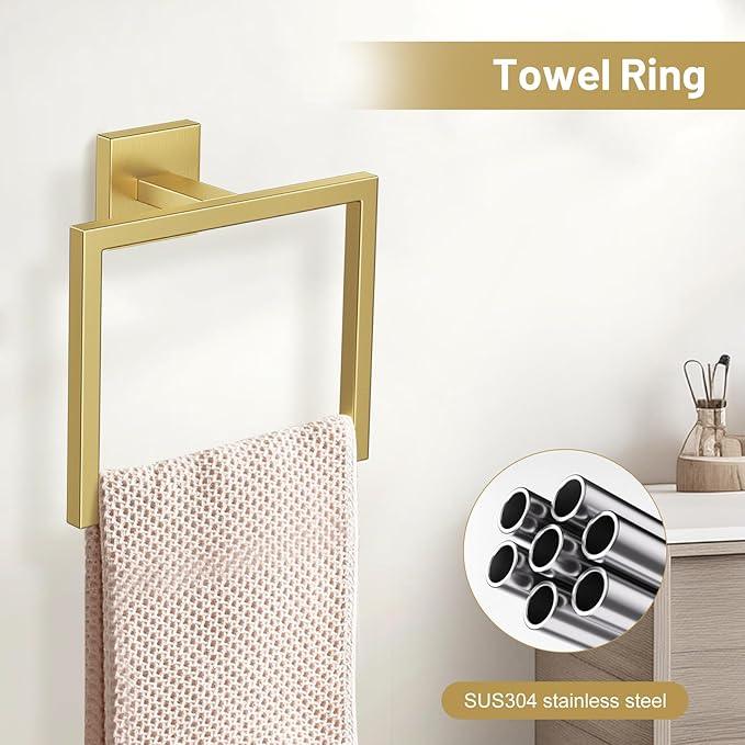 TURS Brushed Gold 5 Pieces Bathroom Hardware Set, SUS304 Stainless Steel 23.6 Inch Bath Towel Bar Set, Square Bathroom Accessories Kit Wall Mounted - ModernBath